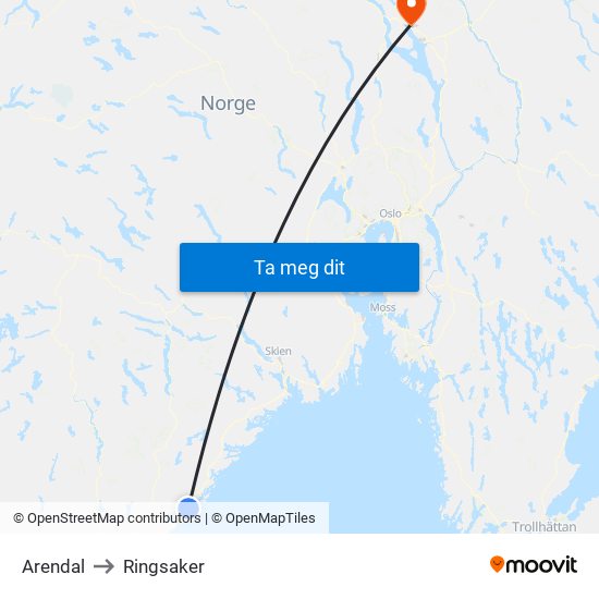 Arendal to Ringsaker map