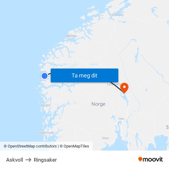 Askvoll to Ringsaker map