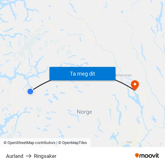 Aurland to Ringsaker map