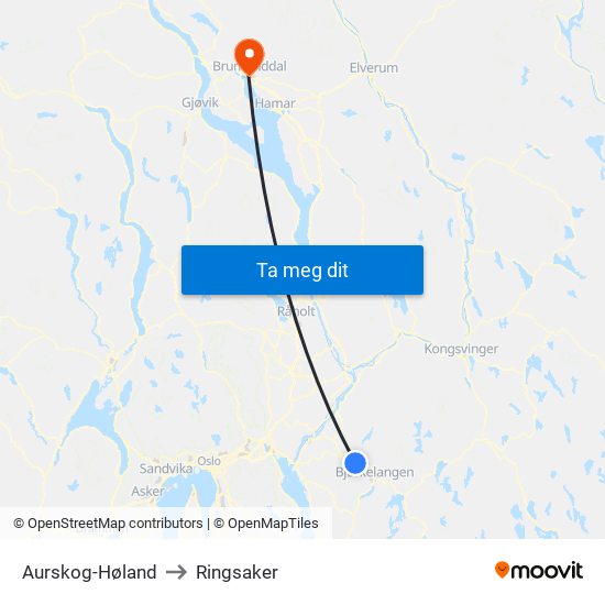 Aurskog-Høland to Ringsaker map