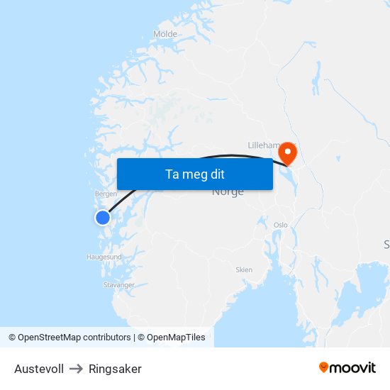 Austevoll to Ringsaker map