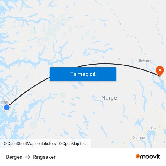 Bergen to Ringsaker map