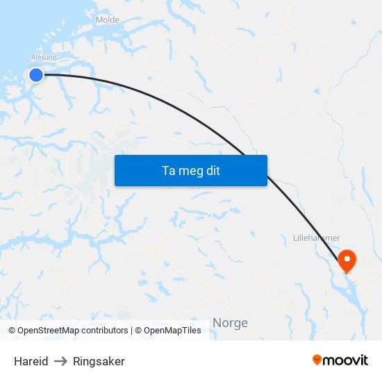 Hareid to Ringsaker map