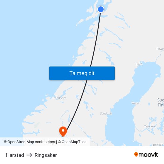 Harstad to Ringsaker map