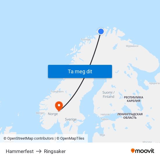 Hammerfest to Ringsaker map