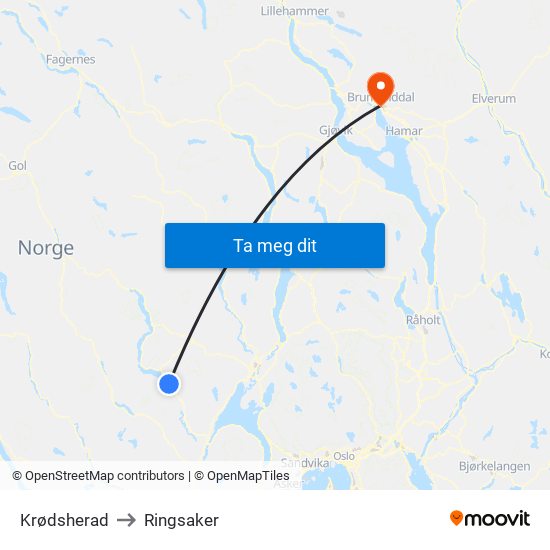 Krødsherad to Ringsaker map