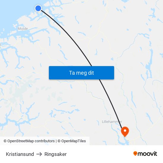 Kristiansund to Ringsaker map