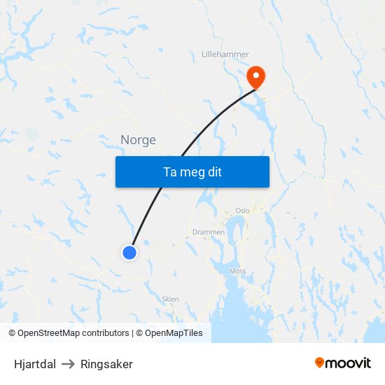 Hjartdal to Ringsaker map