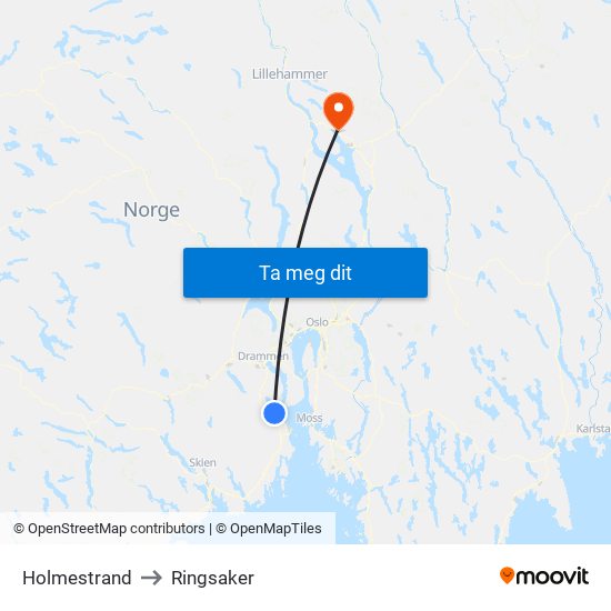 Holmestrand to Ringsaker map