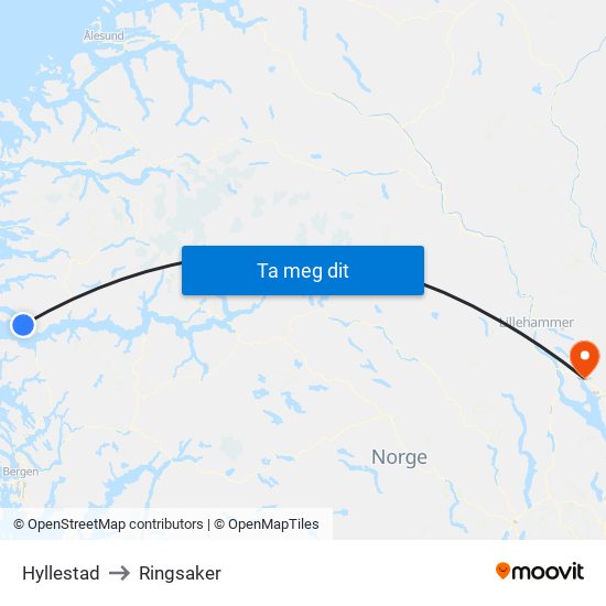 Hyllestad to Ringsaker map