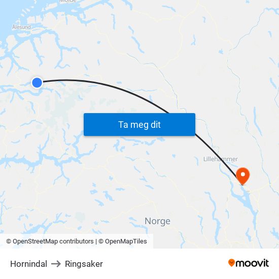 Hornindal to Ringsaker map