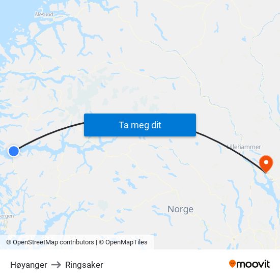 Høyanger to Ringsaker map