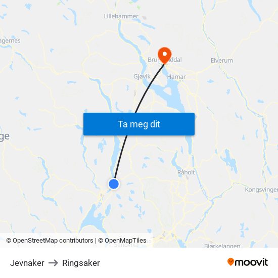 Jevnaker to Ringsaker map