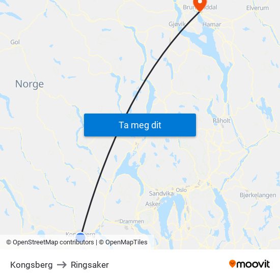 Kongsberg to Ringsaker map