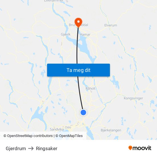 Gjerdrum to Ringsaker map