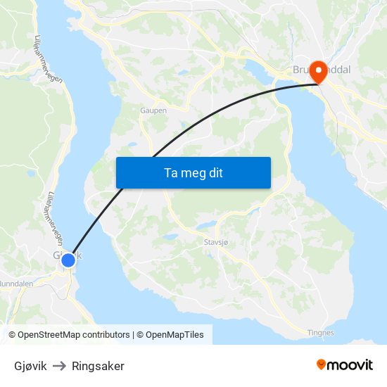 Gjøvik to Ringsaker map