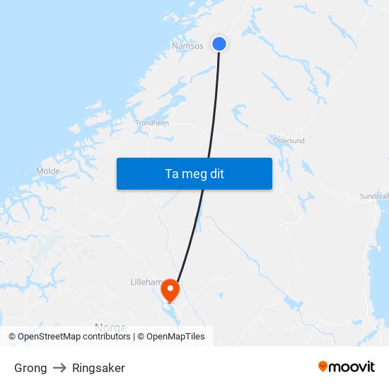 Grong to Ringsaker map