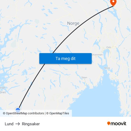 Lund to Ringsaker map