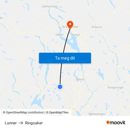 Lunner to Ringsaker map