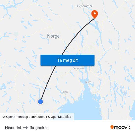 Nissedal to Ringsaker map