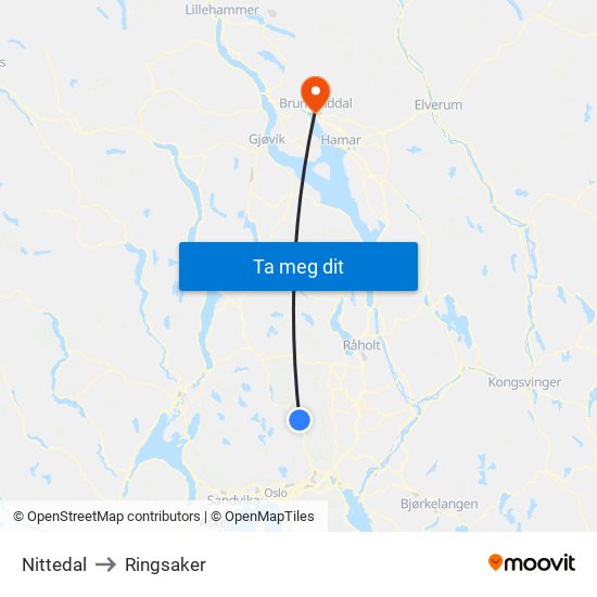 Nittedal to Ringsaker map