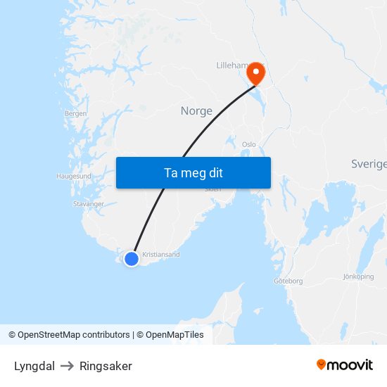 Lyngdal to Ringsaker map