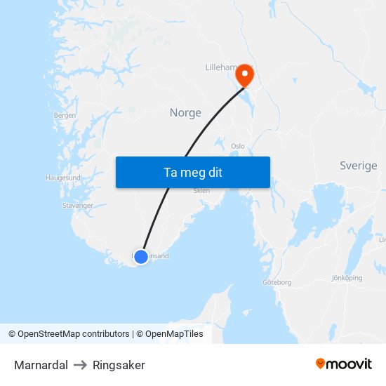 Marnardal to Ringsaker map