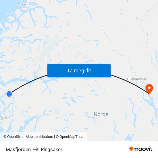 Masfjorden to Ringsaker map