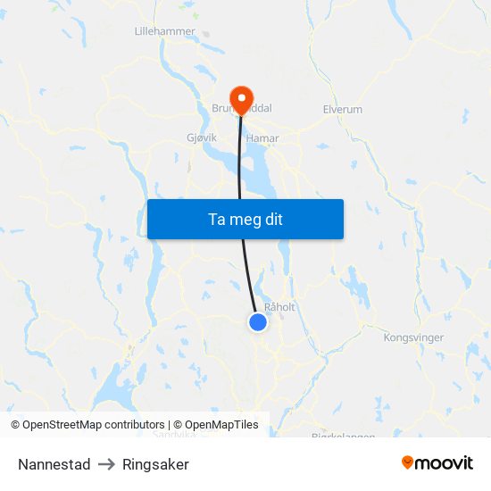 Nannestad to Ringsaker map