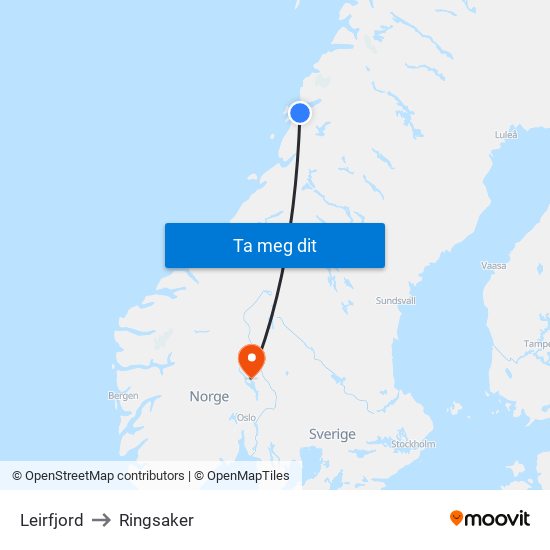 Leirfjord to Ringsaker map