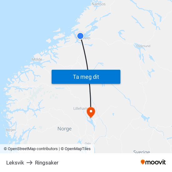 Leksvik to Ringsaker map