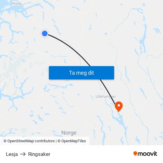 Lesja to Ringsaker map