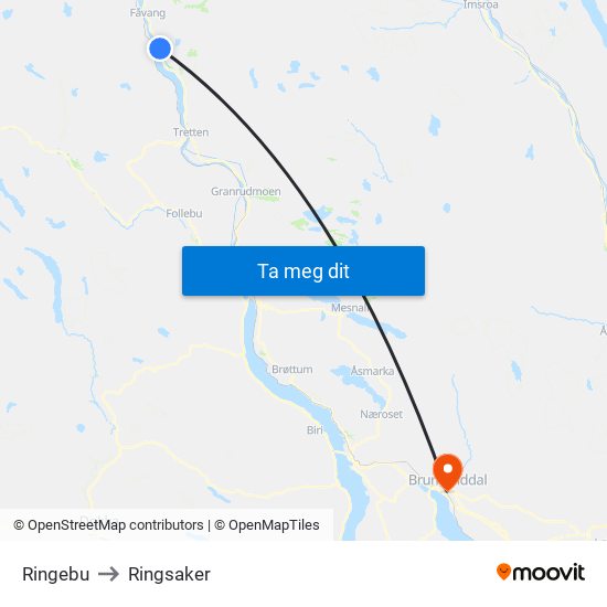 Ringebu to Ringsaker map