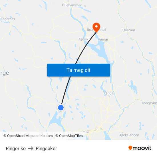 Ringerike to Ringsaker map