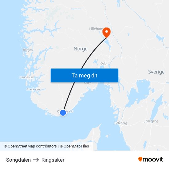 Songdalen to Ringsaker map