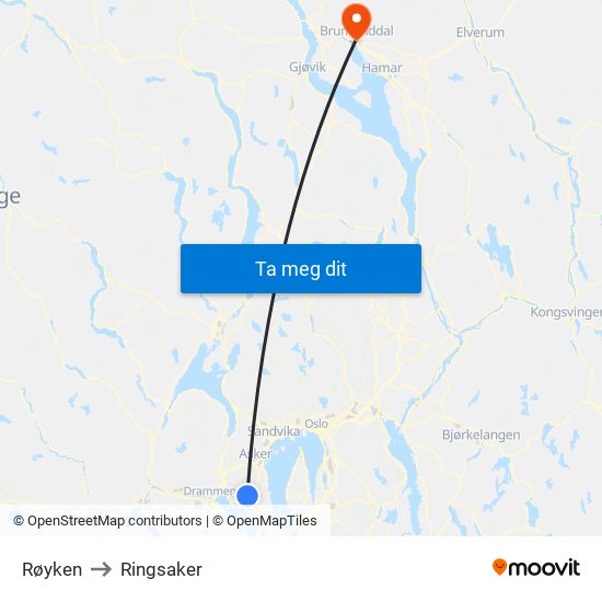 Røyken to Ringsaker map