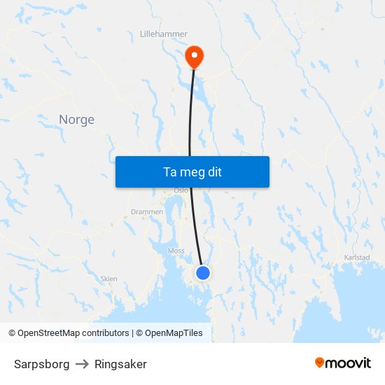 Sarpsborg to Ringsaker map