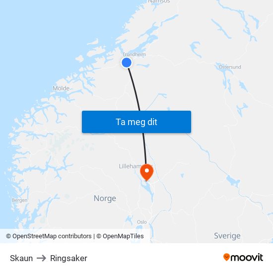 Skaun to Ringsaker map