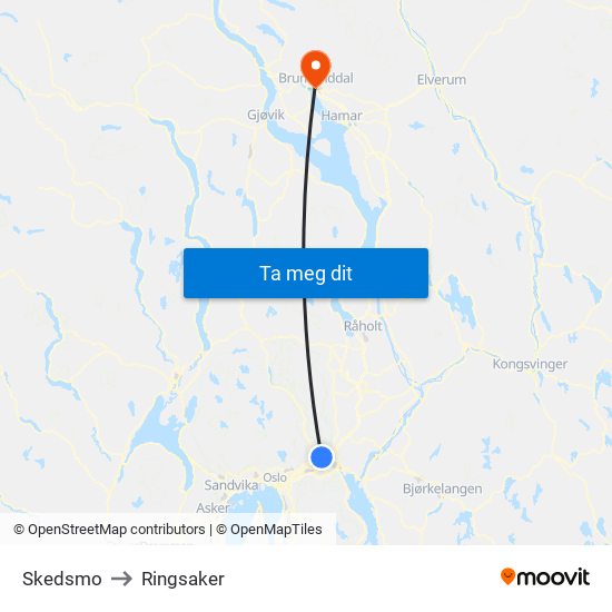 Skedsmo to Ringsaker map