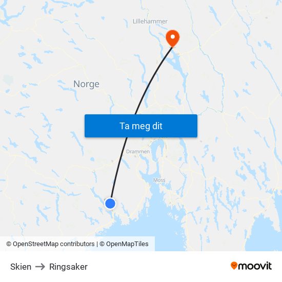 Skien to Ringsaker map