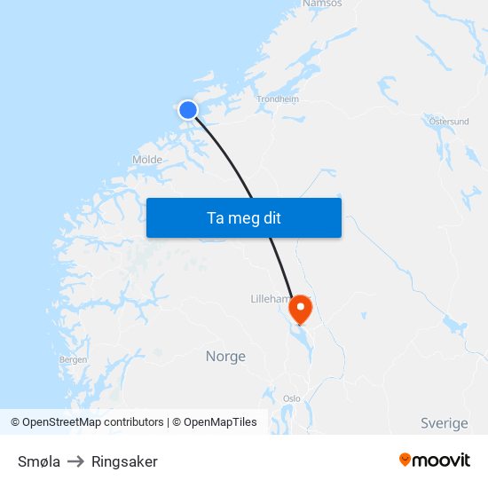 Smøla to Ringsaker map