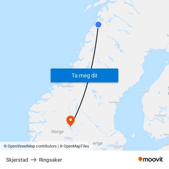 Skjerstad to Ringsaker map