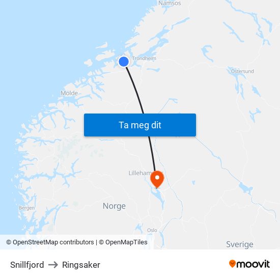 Snillfjord to Ringsaker map