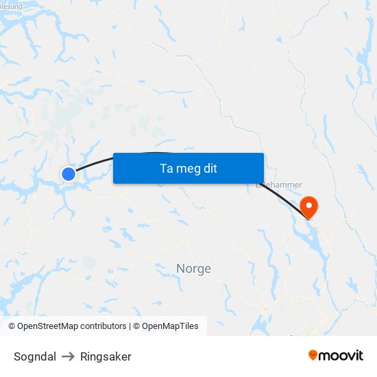 Sogndal to Ringsaker map