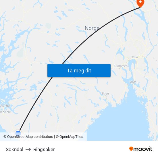 Sokndal to Ringsaker map