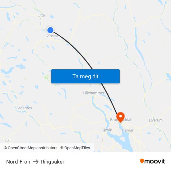 Nord-Fron to Ringsaker map