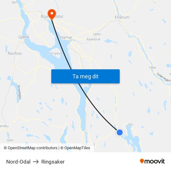 Nord-Odal to Ringsaker map