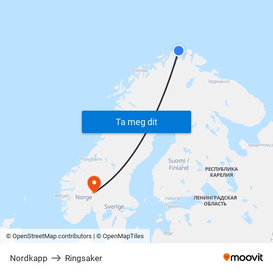 Nordkapp to Ringsaker map