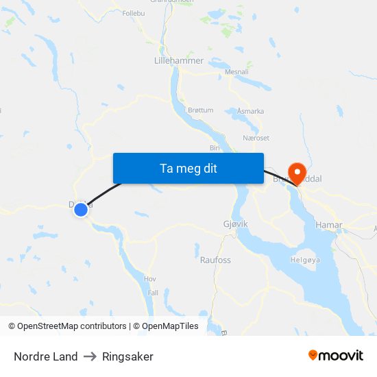 Nordre Land to Ringsaker map