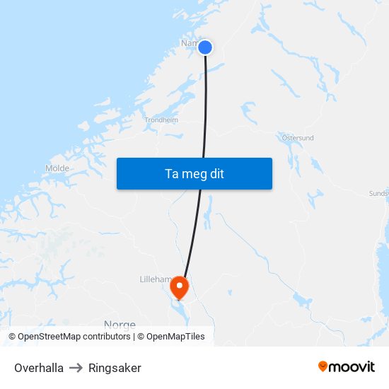 Overhalla to Ringsaker map